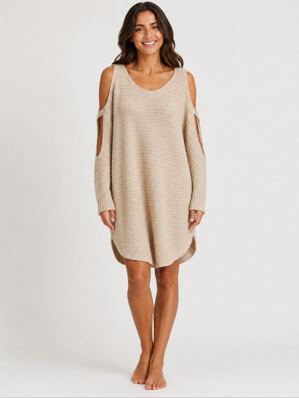 Easel Oversized Cream Cold Shoulder Open Sleeve Sweater Dress M/L